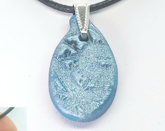 Metallic Blue and Light Blue Teardrop Freeform Polymer Pendant Necklace Painted Stamped Circle with Black Chord