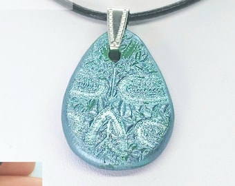 Green Clay and Metallic Light Blue Teardrop Shaped Polymer Pendant Necklace Painted Stamped Tear Drop with Black Chord