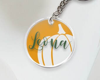 Fall, Monogram, Name, Keychain, Tag, Custom, Personalized, Pumpkin, Wheat, Grain, Branch, Berries