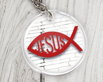 White Bricks with Jesus Ichthus Fish Sealed Resin and Acrylic Keychain 1.5 inch Gift Bag Tag