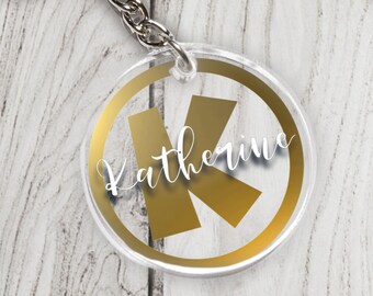 Personalized Monogram Initial Name Keychain Gold Acrylic Vinyl Custom