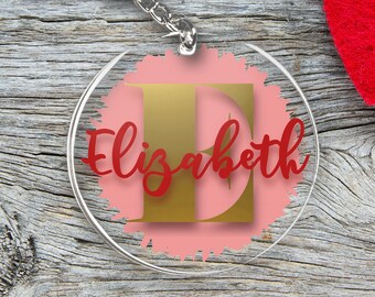 Custom Personalized Sealed Monogram Letter Name Keychain with Pink Splatter Background Gold Initial and Red Name Acrylic Valentine's Day Tag