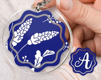 Blue and White Floral Monogram Custom Personalized Acrylic and Vinyl Summer Keychain