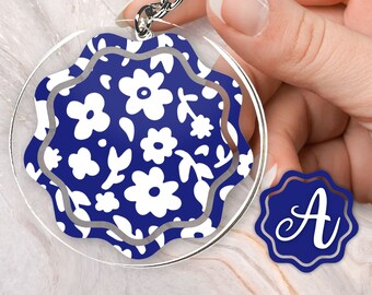 Blossom Leaves Floral Branch Summer Keychain Blue and White Monogram Custom Personalized Acrylic and Vinyl