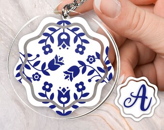 Folk Art Floral Traditional Acrylic and Vinyl Keychain Custom Monogram Personalized White and Blue Flower Summer
