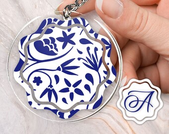 Blue and White Leaves Branches Seeds and Flowers Summer Art Personalized Acrylic and Vinyl Keychain Custom Monogram
