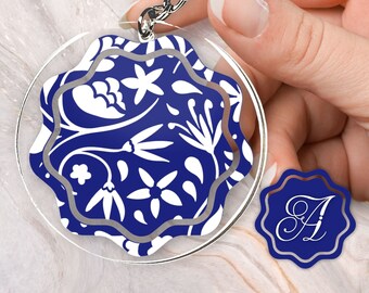 Petals Leaves Branches Seeds Summer Keychain Blue and White Monogram Custom Personalized Acrylic and Vinyl