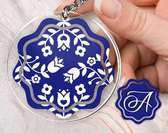 Blue and White Folk Art Custom Monogram Personalized Tulip Flower Summer Acrylic and Vinyl Keychain