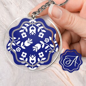 Blue and White Folk Art Custom Monogram Personalized Tulip Flower Summer Acrylic and Vinyl Keychain