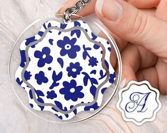 Custom Monogram Personalized White and Blue Flower Seed Branch Floral Summer Acrylic and Vinyl Keychain