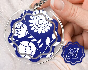 Blossom Crysanthimum Floral Poppy Summer Keychain Blue and White Monogram Custom Personalized Acrylic and Vinyl