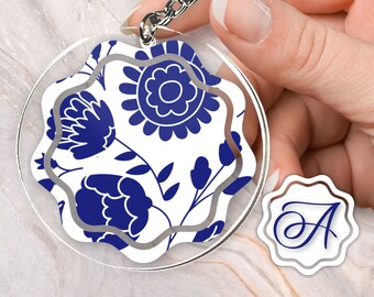 Acrylic and Vinyl Keychain Custom Monogram Personalized White and Blue Crysanthemum Flower Seed Branch Floral Summer