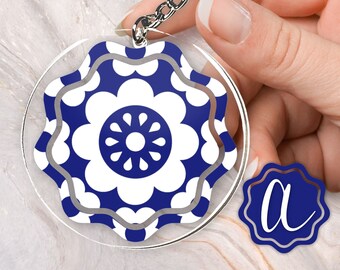 Custom Monogram Personalized Acrylic and Vinyl Bloom Flower Summer Keychain Blue and White