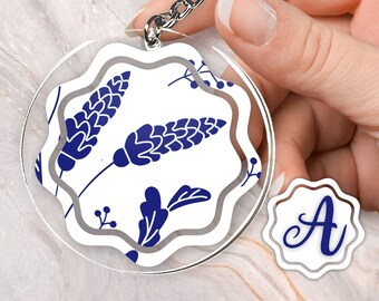 White and Blue Folk Art Custom Monogram Personalized Tulip Flower Summer Acrylic and Vinyl Keychain