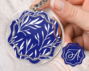 Summer Keychain Blue and White Flora Leaves Branches Monogram Custom Personalized Acrylic and Vinyl