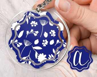 Personalized Acrylic and Vinyl Summer Keychain Blue and White Floral Monogram Custom