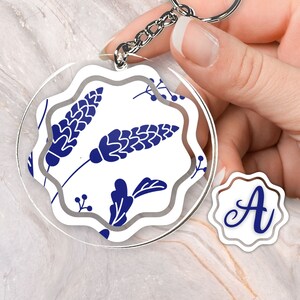White and Blue Folk Art Custom Monogram Personalized Tulip Flower Summer Acrylic and Vinyl Keychain