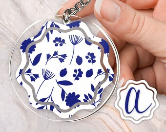 White and Blue Seed Branch Floral Custom Monogram Personalized Flower Summer Acrylic and Vinyl Keychain