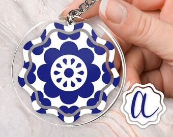 Folk Art Traditional Flower Blue and White Summer Acrylic and Vinyl Keychain Custom Monogram Personalized