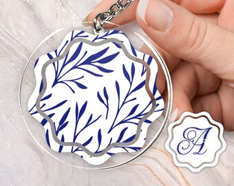Blue and White Leaves Branches Summer Art Personalized Acrylic and Vinyl Keychain Custom Monogram