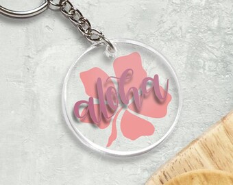 Aloha, Pineapple, Hibiscus, Flower, Lei, Summer, Sunny, Keychain, Acrylic, Yellow, Pink, Vinyl