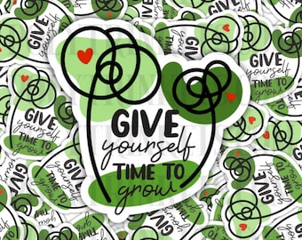 Give Yourself Time To Grow Sticker Green Trees Hearts Freehand Inspirational Gift Encouragement Self Care