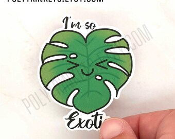 I'm So Exotic Water Resistant Vinyl Stick Monsterra Leaf Kawaii Cute Happy Sassy Face