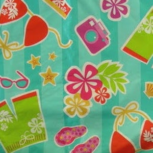 May include: A turquoise and white striped fabric with a variety of summer-themed illustrations, including a camera, sunglasses, flip-flops, flowers, and swimsuits.