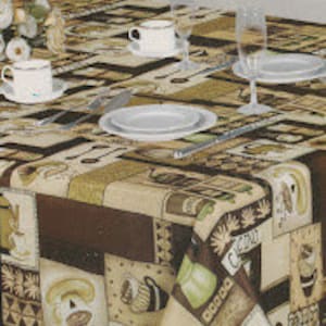 May include: A brown and beige tablecloth with a patchwork design featuring coffee cups, coffee pots, and other coffee-themed imagery.
