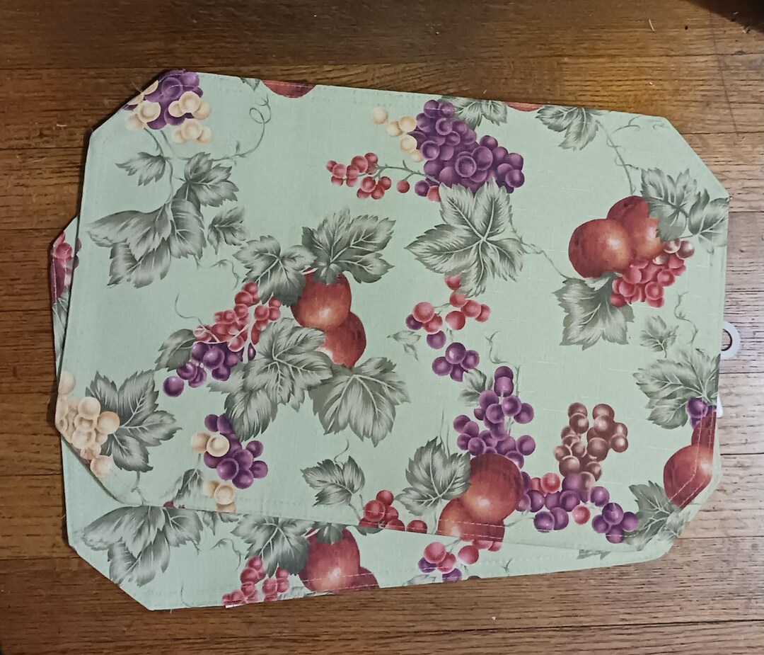 Two (2) Kitchen Placemats Wine Bottle Cherries Blanc Apples Berries ...