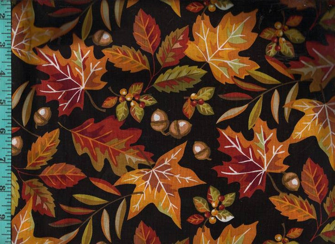 Fall Autumn Leaves Acorn Black Fabric Quilt or Craft Fabric Etsy