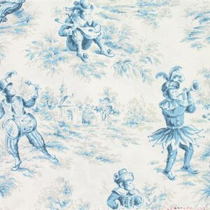 May include: A blue and white toile fabric pattern featuring monkeys dressed in costumes playing musical instruments. The monkeys are in a whimsical setting with trees, a small building, and a light blue background.