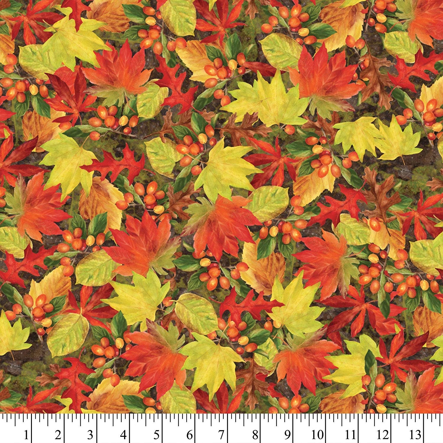 Green Autumn/Fall Leaves Yellow Berries Cotton Quilt Fabric BTY Green Autumn/Fall Leaves Yellow Berries Cotton Quilt Fabric BTY