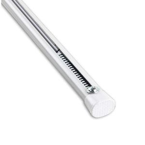May include: A white curtain track with a silver rod and a black spring mechanism. The track has a rectangular shape with a textured end cap and a small screw. The design is simple and functional.