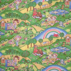 May include: A colorful fabric with a repeating pattern of children playing in a whimsical landscape. The fabric features a variety of scenes, including children playing with animals, having picnics, and flying kites. The fabric is perfect for crafting projects, such as quilts, pillows, and bags.