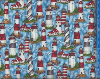 Tales of a Lighthouses (Lighthouses, Houses, Birds) Fabric Quilting Crafting Home Decor