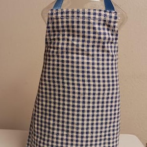 May include: A clear bottle with a blue gingham apron. The apron is made of blue and white checkered fabric and is attached to the bottle with blue ribbon. The bottle has a white pump dispenser.