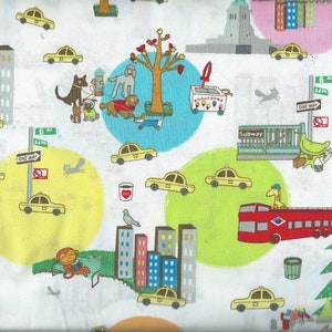 May include: A white fabric with a repeating pattern of yellow taxis, city buildings, and other New York City themed illustrations. The fabric also features a red double-decker bus, a subway station, and a Christmas tree.