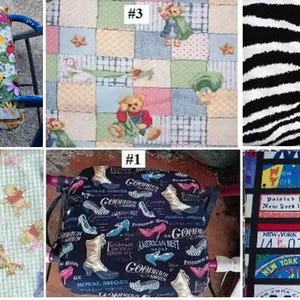 May include: A variety of fabric patterns are displayed. One features a birdhouse with birds, another a patchwork with teddy bears, and a third with a zebra print. Other patterns include Winnie the Pooh and New York City signs.