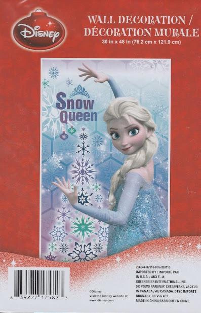 May include: A wall decoration featuring a blue-eyed, blonde-haired Disney Snow Queen character with a blue dress and a white crown. The background is a light blue with a snowflake pattern. The text "Snow Queen" is printed in white on a blue banner. The decoration measures 30 inches by 48 inches.