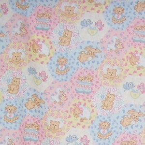 May include: A pastel blue, pink, and yellow fabric with a repeating pattern of baby animals, including bunnies, bears, and birds. The fabric is perfect for crafting projects like baby blankets, quilts, and clothing.