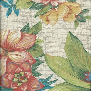 May include: A beige fabric with a floral pattern featuring pink, yellow, and red flowers with green leaves. The fabric has a textured woven look.