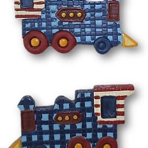 May include: Two blue and red toy train engines with a checkered pattern and a red, white, and blue striped caboose.