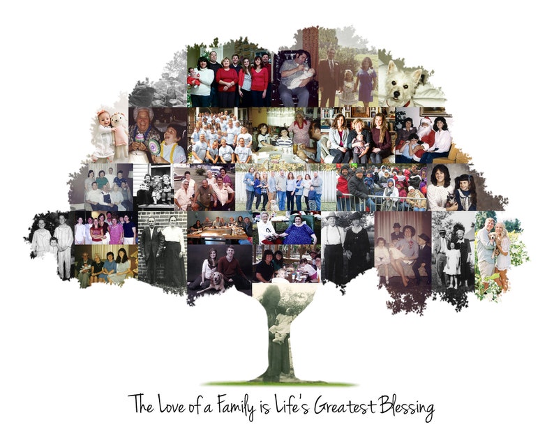 A family tree-shaped collage with photos of family members.