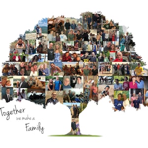 A family tree-shaped collage with photos of family members.