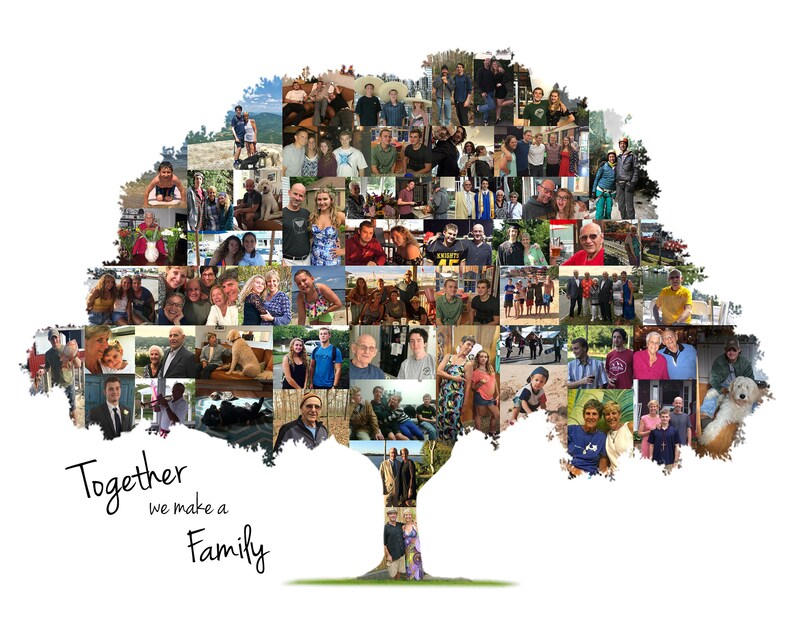 A family tree-shaped collage with photos of family members.