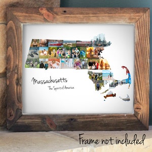 Collage de fotos personalizado con el mapa del estado de Massachusetts, arte mural de Massachusetts, orgullo del estado de Massachusetts, recuerdo de viaje