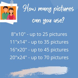 a guide for how many pictures can be used for various collage sizes
8"x10" - 25 pictures
11"x14" - 35 pictures
16"x20" - 45 pictures
18"x24" - 60 pictures
20"x24" - 70 pictures
24"x36" - 80 pictures