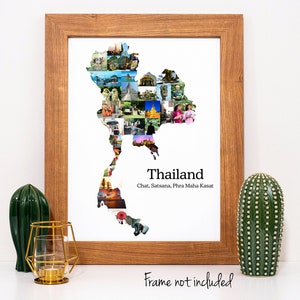 Collage de fotos del mapa de Tailandia: regalo de recuerdo de viaje personalizado: ¡collage de fotos personalizado hecho con tus imágenes!