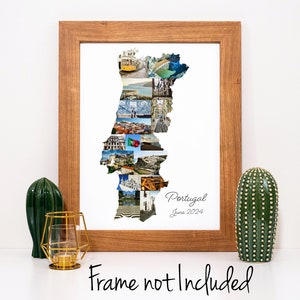 Collage de fotos del mapa de Portugal: regalo de recuerdo de viaje personalizado: ¡hecho a medida con tus imágenes digitales!